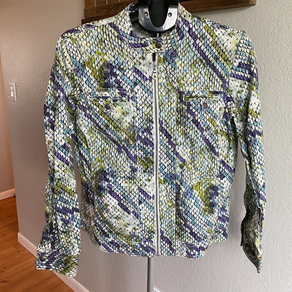 Chico's Snakeskin Moto Women's Metallic Iridescent Zip Up Jacket Size 2/L/12